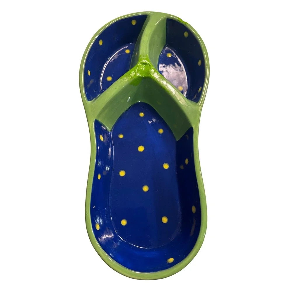 Denniseast Ceramic Flip Flop‎ Divided Serving Dish Blue Yellow Dots Green